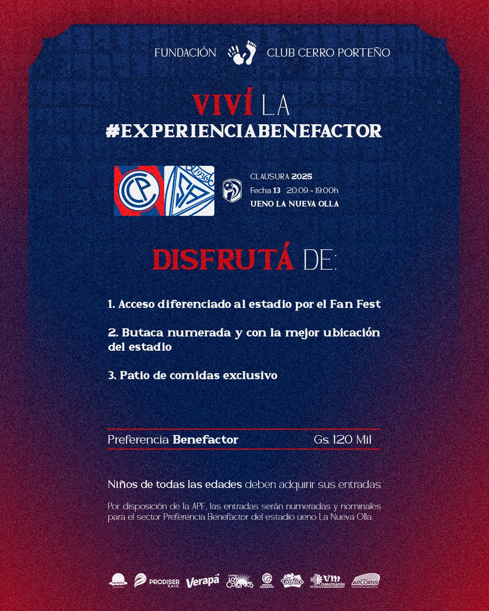 ¡Viví la #ExperienciaBenefactor y alentá al Ciclón por la <a href="/CopaDePrimera/">Copa de Primera APF</a>! 🌪️

⚽ Cerro Porteño 🆚 Sportivo Ameliano
🏆 Torneo Clausura | Fecha 13
🗓️ Sábado 20.09
🕣 19:00
🏟️ Estadio Ueno La Nueva Olla
🎟️ Adquirí tus entradas en: bit.ly/CCPvssa

#FundaciónCCP🔵🔴