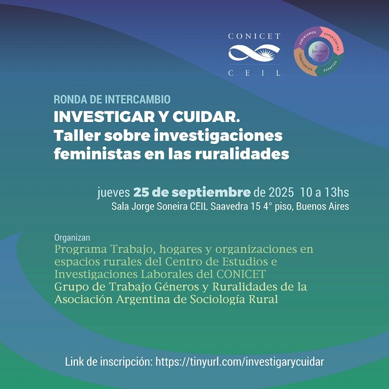 ceil_conicet's tweet image. Ronda de intercambio /  Investigar y cuidar. Taller sobre investigaciones feministas en las ruralidades
25.09 10 a 13hs
Link de inscripción: tinyurl.com/investigarycui…