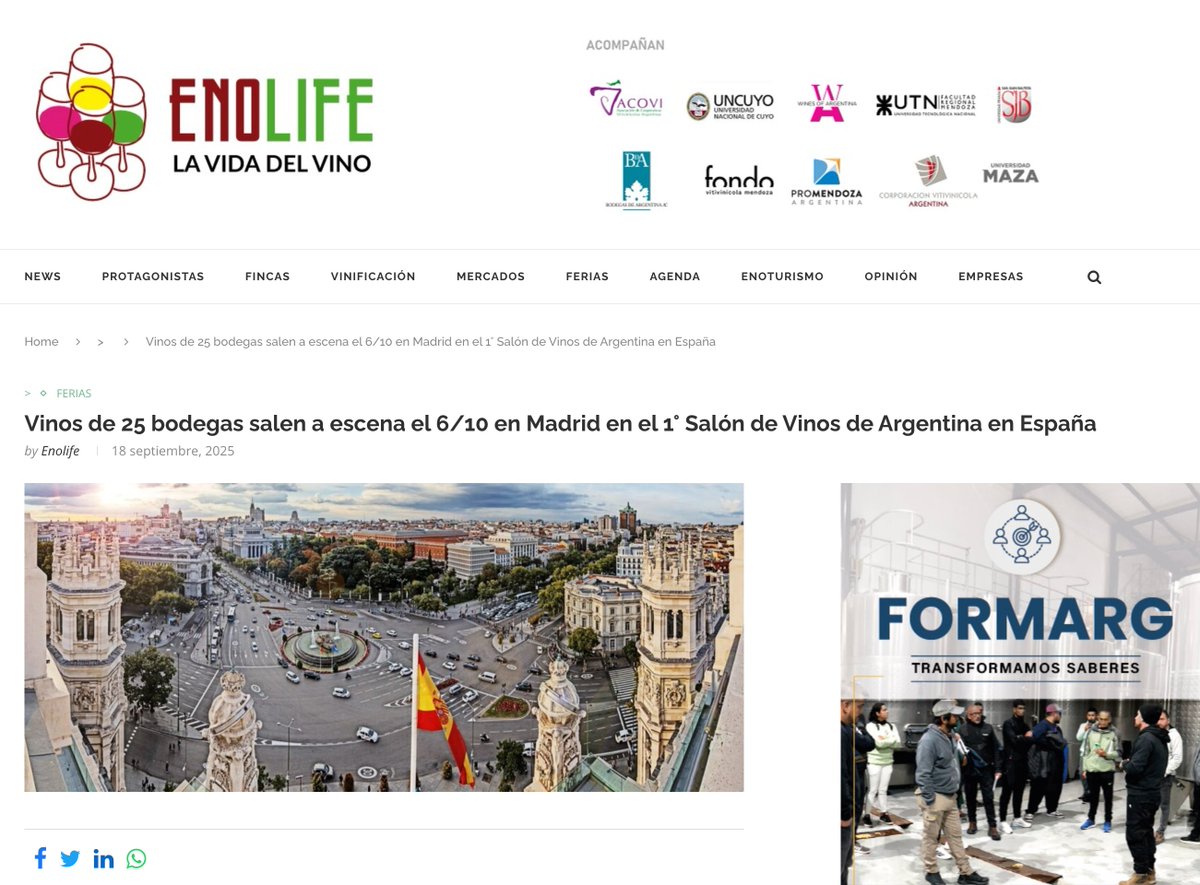 Vinos de 25 bodegas salen a escena el 6/10 en Madrid en el 1° Salón de Vinos de Argentina en España 

enolife.com.ar/es/vinos-de-25…