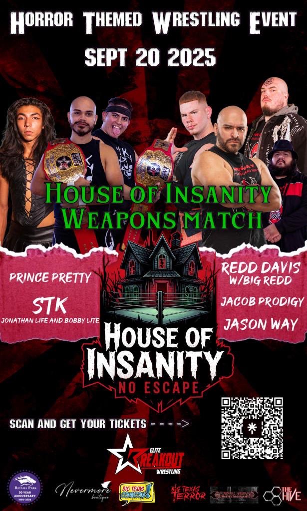 Tomorrow night!!! EBWs best chew it up in the first ever HOUSE OF INSANITY WEAPONS MATCH! Anything goes, no DQ, just demons, monsters, and weapons!!! Scan the barcode for tickets