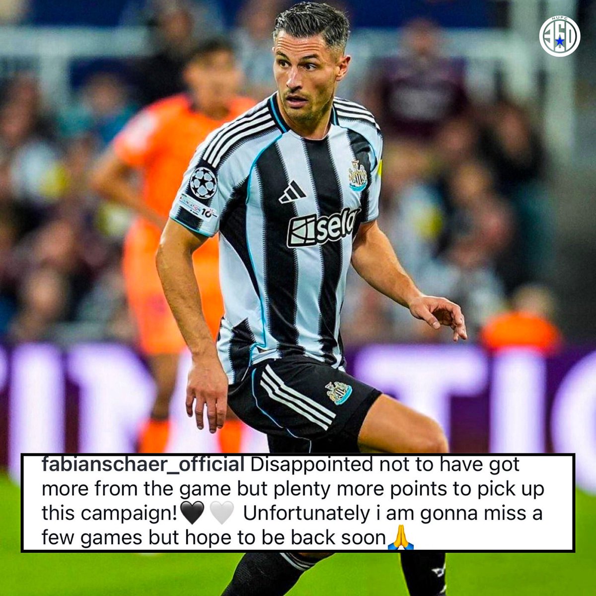 NUFC360's tweet image. ❌ Fabian Schär has confirmed he will be missing a few games after coming off injured last night.

#NUFC