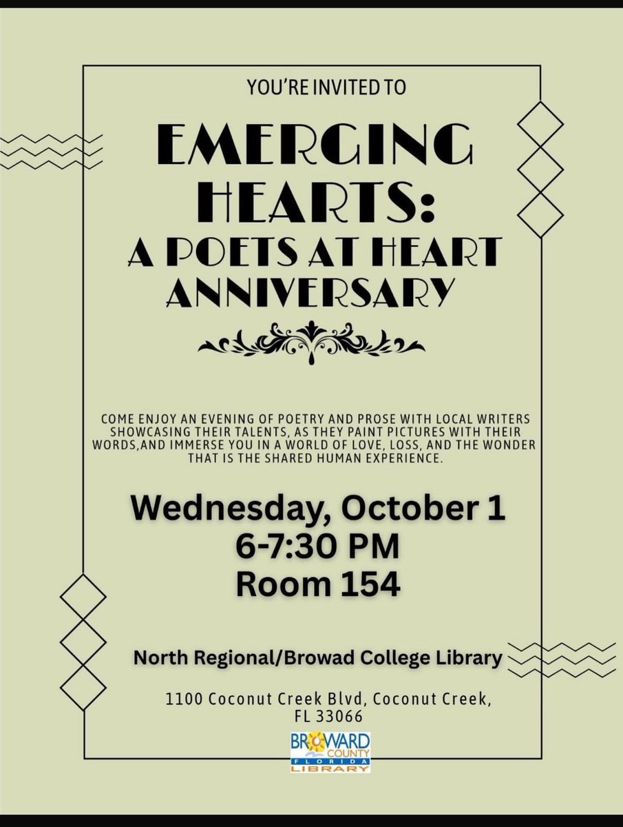 It’s hard to believe we’ve been together a year!! I’m excited to announce the first anniversary party of Poets at Heart, which I helped found last year in Coconut Creek. Join us, Wednesday, October 1, 6-7:30 pm at the North Regional Broward County Library in Coconut Creek.