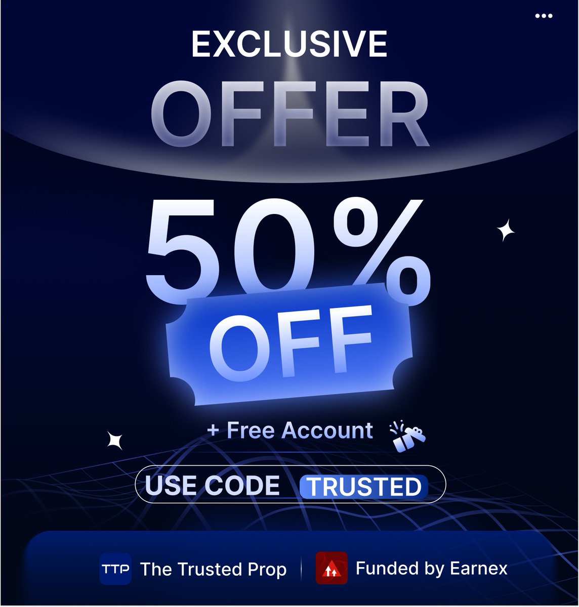 🚀 Get 50% OFF on Funded by Earnex with code : TRUSTED 🎯

🔥 Plus, receive a FREE account of the same size once you pass!

👉 Checkout now: funded.earnexprime.com/ref/47 💳