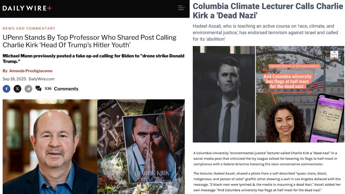 ComfortablySmug's tweet image. Something is seriously wrong with climate professors

We have UPenn professor Michael Mann reposting that Charlie Kirk was the "head of Trump's Hitler Youth."

And we have Columbia University "environmental justice" lecturer Hadeel Assali calling Charlie Kirk a "dead nazi."…