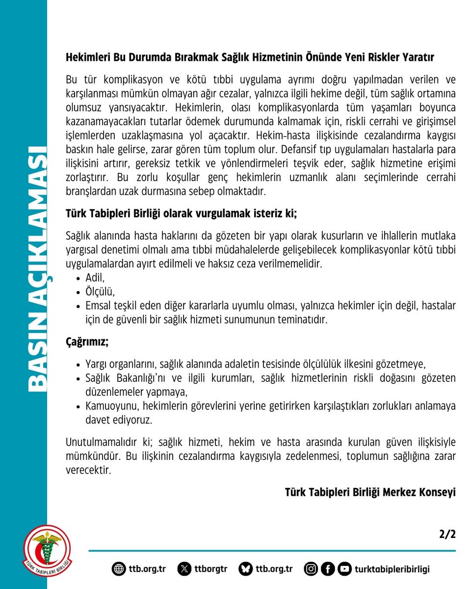 Mahkemelerde Kötü Tıbbi Uygulama (Malpraktis) ve Komplikasyon Ayrımı Doğru Yapılmalı, Hekimleri Yıkıma Uğratan Tazminat Cezaları Verilmemelidir!

Gaziantep’te özel bir hastanede görev yapan bir kulak burun boğaz uzmanına toplamda 109 milyon TL tutarında tazminat cezası