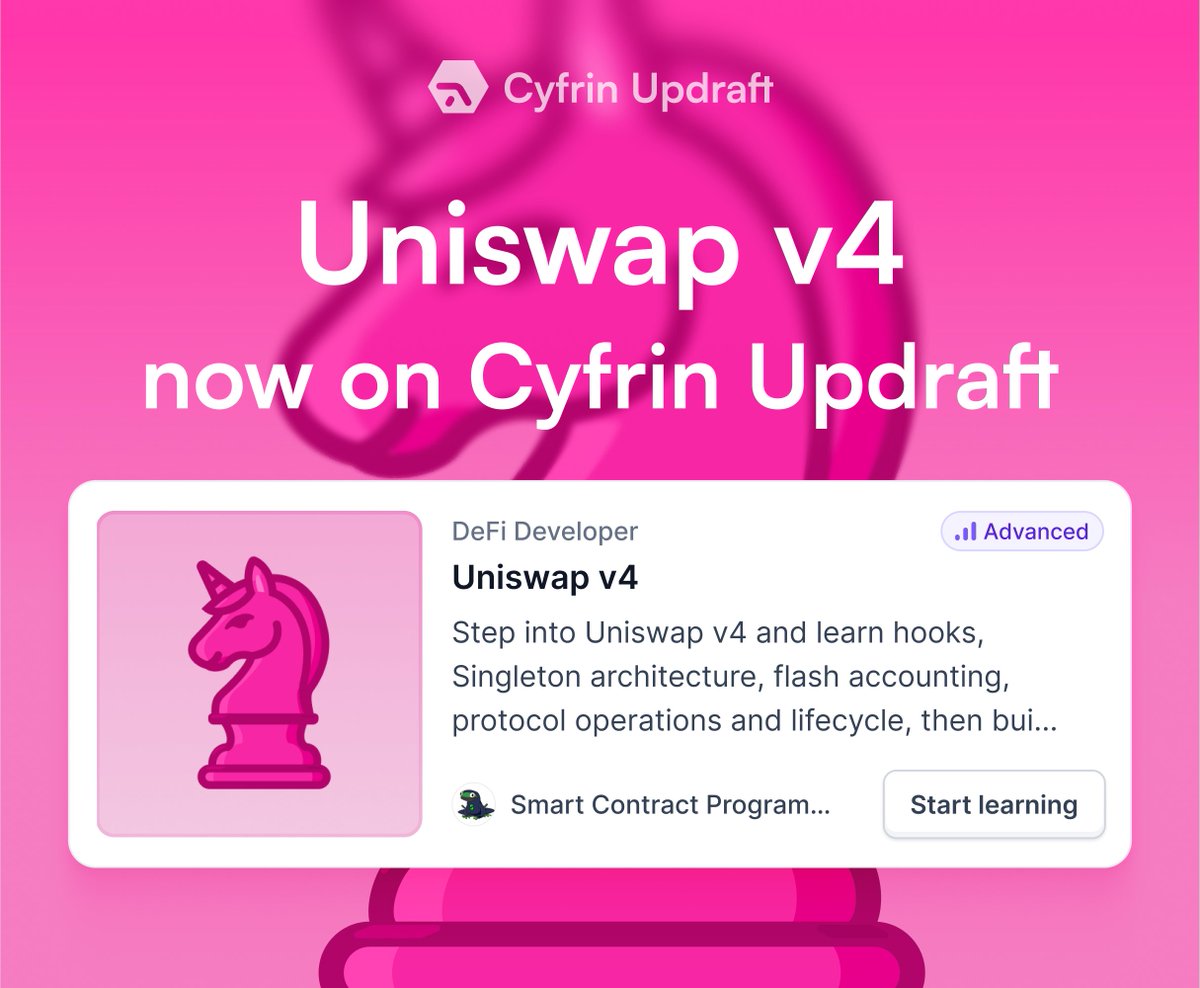 Now live on Updraft: <a href="/Uniswap/">Uniswap Labs 🦄</a> v4 🎉🚀

Dive into Uniswap v4 with <a href="/ProgrammerSmart/">🐸Smart🐸Contract🐸Programmer🐸</a> and, over two hours, learn:
- Differences between Uniswap v3 and v4
- Flash accounting
- Uniswap hooks
- How to build a swap router

And everything you need to know to start building on Uniswap v4👇