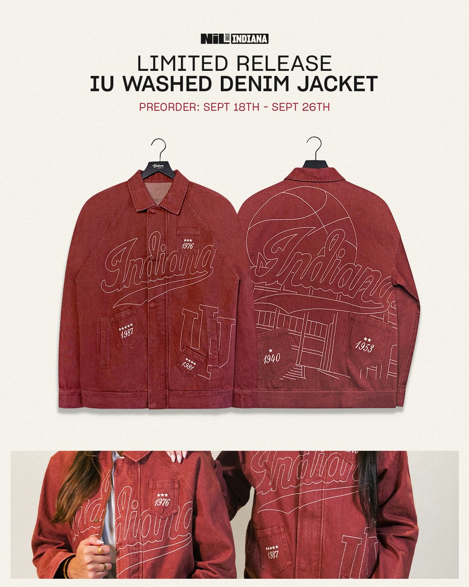 Truly one of a kind.

The Indiana Custom Washed Denim Jacket is an exclusive collaboration between the NIL Store/DJ Iman Tucker and <a href="/IndianaVB/">Indiana Volleyball</a>'s Ava Vickers. 

Designed as a tribute to Indiana’s basketball legacy. Available to pre-order until 9/25: nil.store/indiana/exclus…