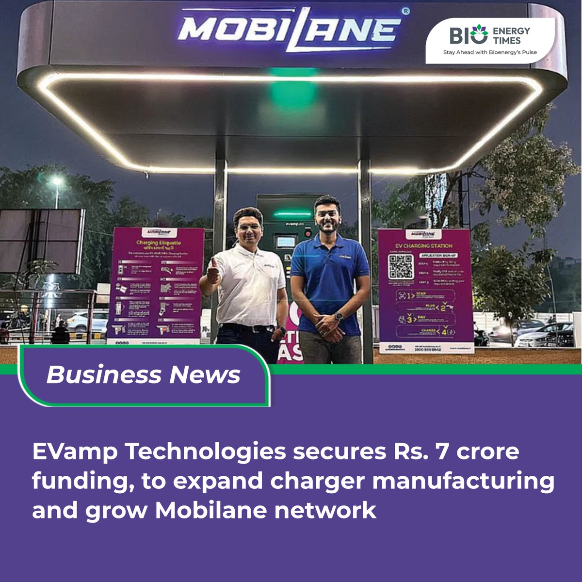 BioenergyTimes's tweet image. EVamp Technologies, the company behind the rapidly growing electric vehicle (EV) charging network Mobilane, has raised ₹7 crore in its first round of funding. 

Read more🔗 bioenergytimes.com/evamp-technolo…

#BioEnergyTimes #BET #Sustainability

@EVampTech @GunjanSpeaks @Devansh25474969