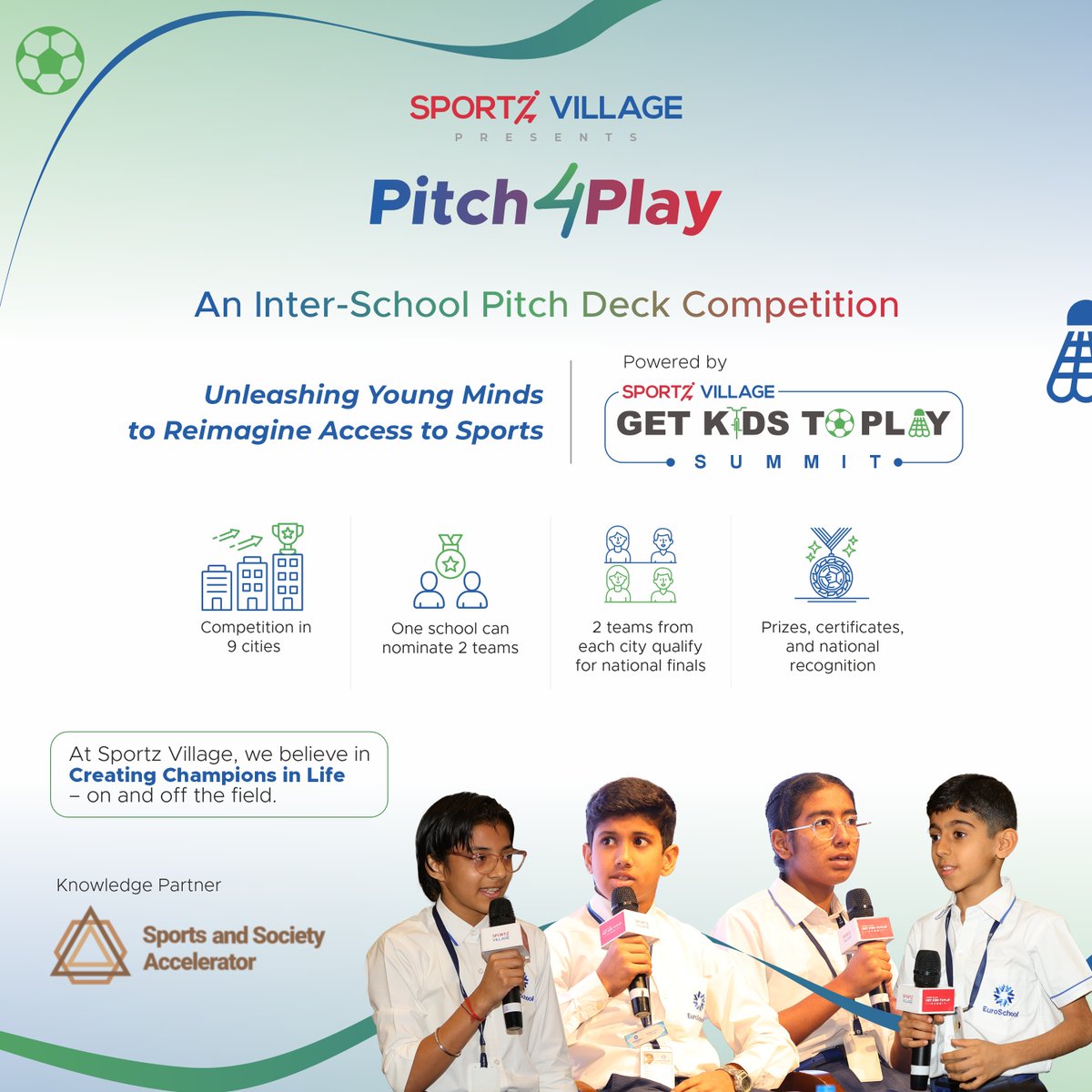 We’re back with the <a href="/SportzVillage/">Sportz Village</a> Get Kids To Play Summit in a new format focused on student voices: 

Pitch4Play – an Inter-School Pitch Deck Competition. 

Teams across India will pitch solutions to barriers in sports &amp; play. 

Register now: bit.ly/4gwLNXj