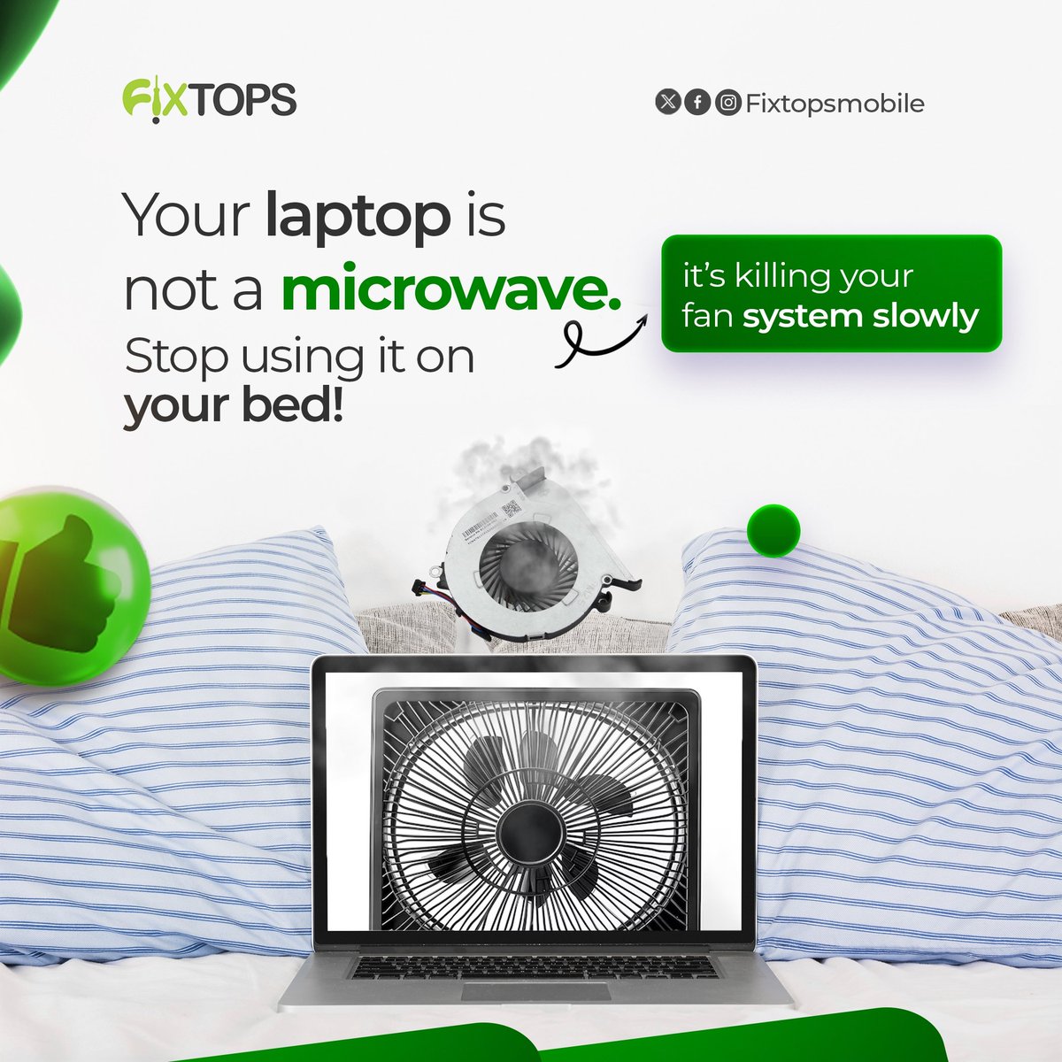 FixtopsNG's tweet image. Using your laptop on the bed might feel comfy, but it’s actually cooking your device. 
Take care of your gadgets — and if it’s already overheating, Fixtops is just a booking away!

#FixtopsFixIt #LaptopCareTips #StopOverheating #LaptopRepair #DeviceCare