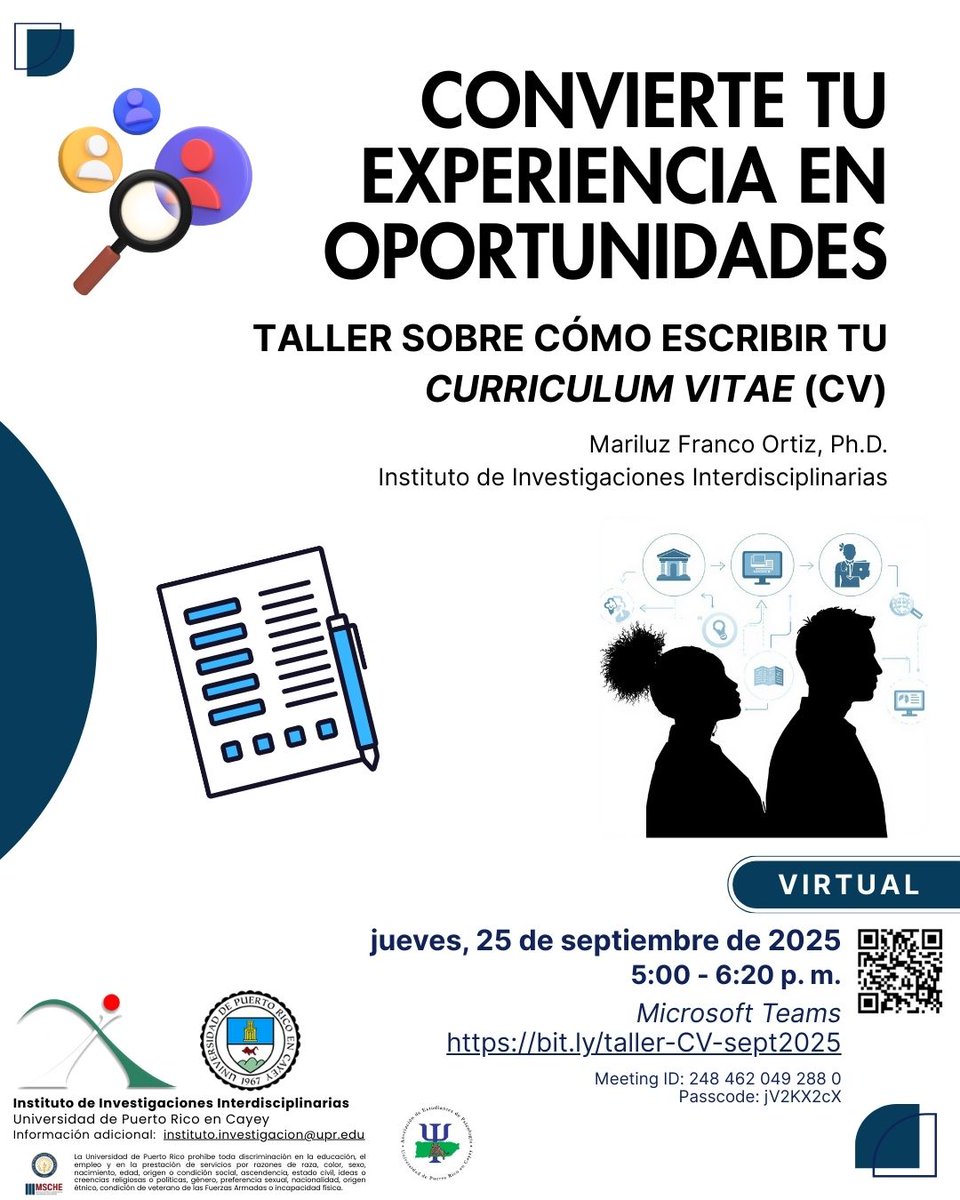 CONVIERTE TU EXPERIENCIA EN OPORTUNIDADES:
TALLER SOBRE CÓMO ESCRIBIR TU CV

jueves, 25 de septiembre de 2025
5:00 a 6:20 p. m.
Modalidad:  virtual | Microsoft Teams