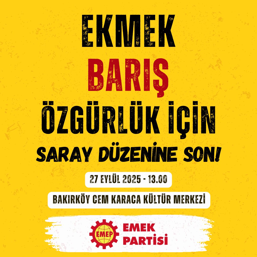 Emperyalist saldırganlığa ve saray düzenine karşı birleşik mücadeleye!

Ekmek, barış, özgürlük için saray düzenine son!

📅 27 Eylül 2025
⏰ 13.00
📍 Bakırköy Cem Karaca Kültür Merkezi