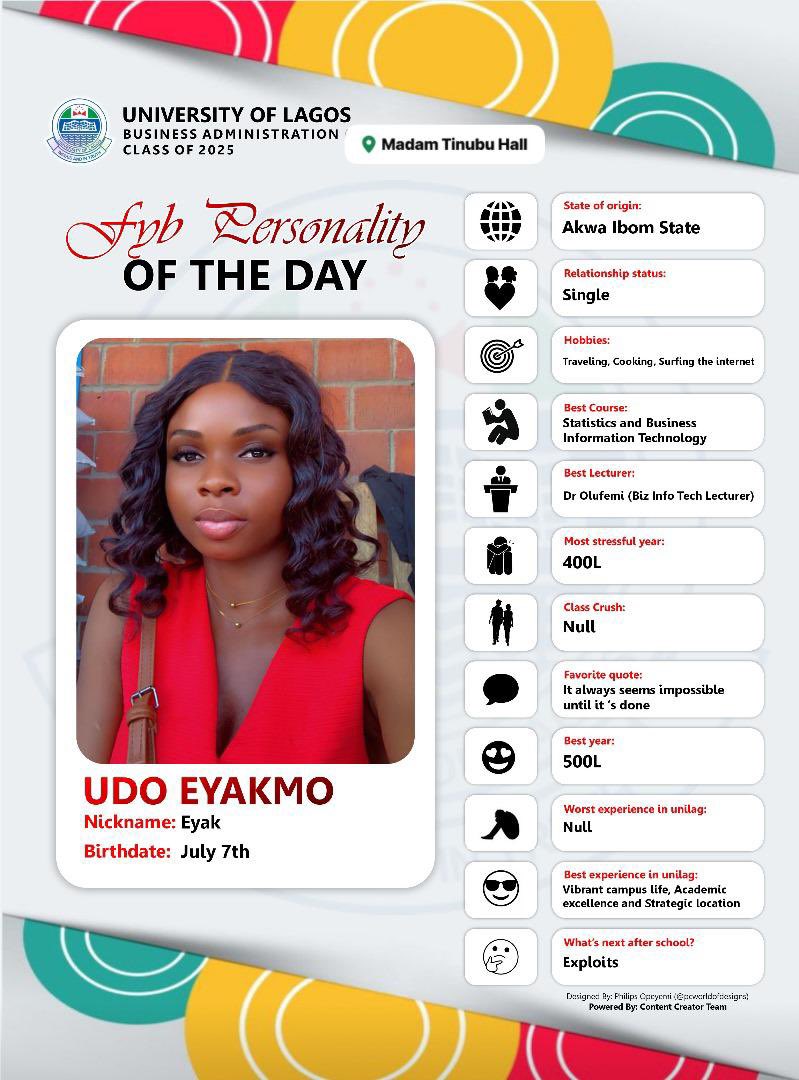 eyak_mo's tweet photo. Meet Udo Eyakmo, UNILAG Business Admin Class of 2025! This Akwa Ibom native loves cooking, traveling, and has a passion for Stats and Business IT. Favorite quote: "It always seems impossible until it's done." https://t.co/bo07y0V5O2