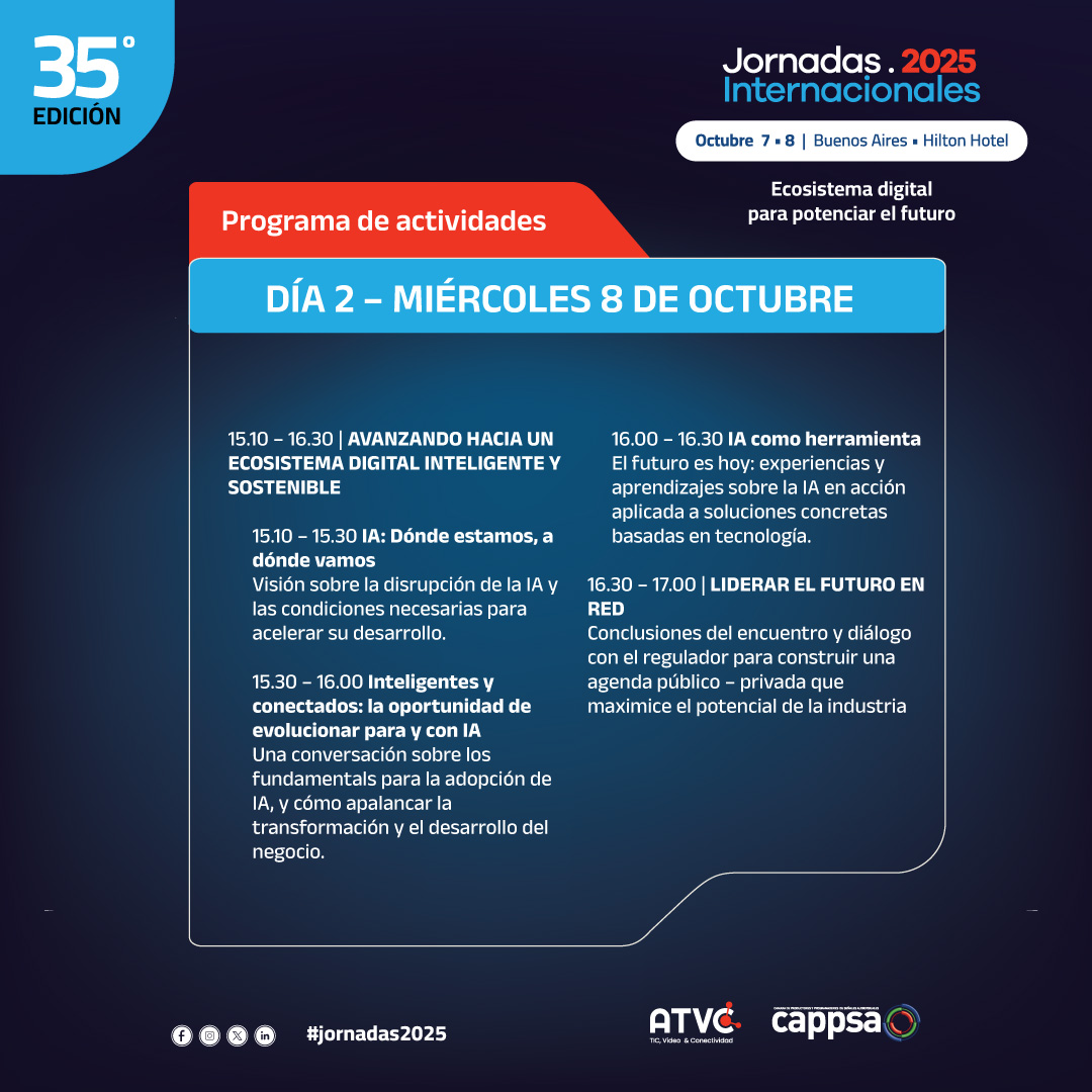 🎉 Ya está disponible el Programa de Actividades de #Jornadas2025

El 7 y 8 de octubre te esperamos a partir de las 9:30 Hs en el principal encuentro de la industria #TIC y #Contenidos.

📍 Acto de Apertura: 8 de octubre, 10:00 Hs.

Pre-acreditaciones 👉 atvc.org.ar/pre-acreditaci…