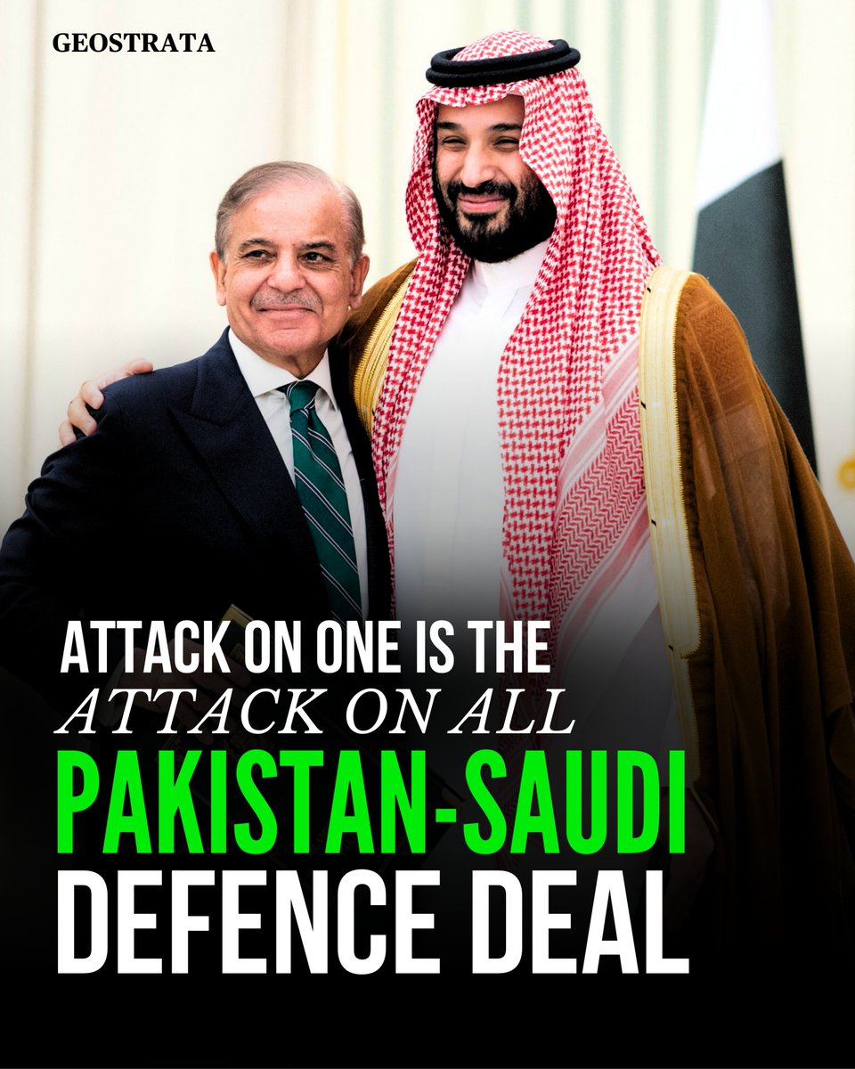 TheGeostrata's tweet image. Attack on one is the Attack on all Pakistan-Saudi Defence Deal

Shehbaz Sharif is back in Saudi Arabia, but this time, the optics were different. Photographed alongside Mohammed bin Salman, holding an MoU that might just redraw the Middle East’s security map. It is a mutual…