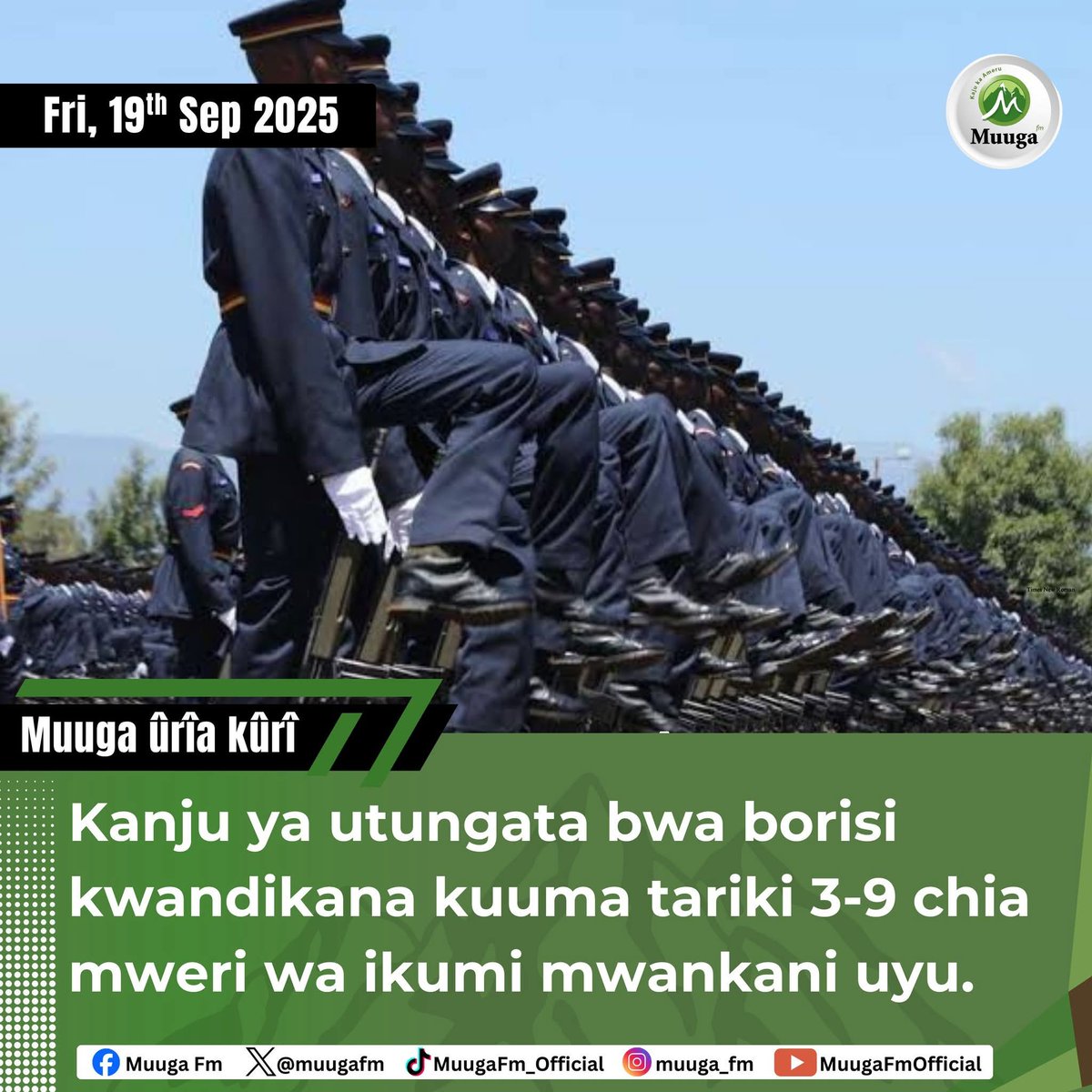 NATIONAL POLICE SERVICE RECRUITMENT 

Kanju ya utungata bwa borisi kwandikana kuuma tariki 3-9 chia mweri wa ikumi mwankani uyu.

#muugafm #muugafmnews #muugamuthenya