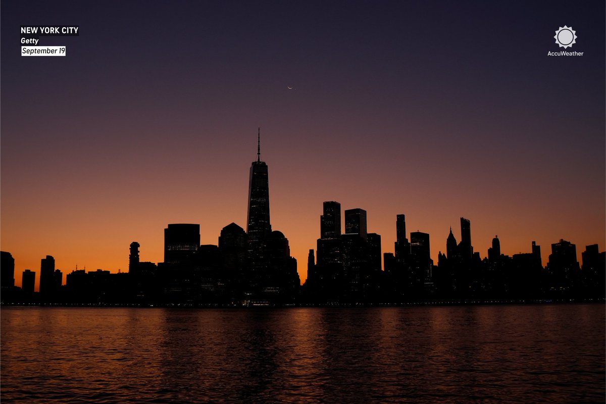accuweather's tweet image. The crescent moon, Venus, and Regulus rose together over the New York City skyline at sunrise this morning 🌙🏙️