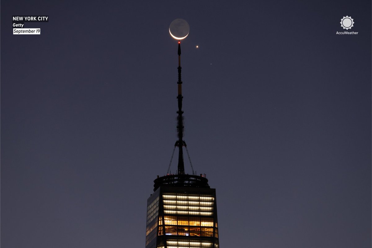 accuweather's tweet image. The crescent moon, Venus, and Regulus rose together over the New York City skyline at sunrise this morning 🌙🏙️