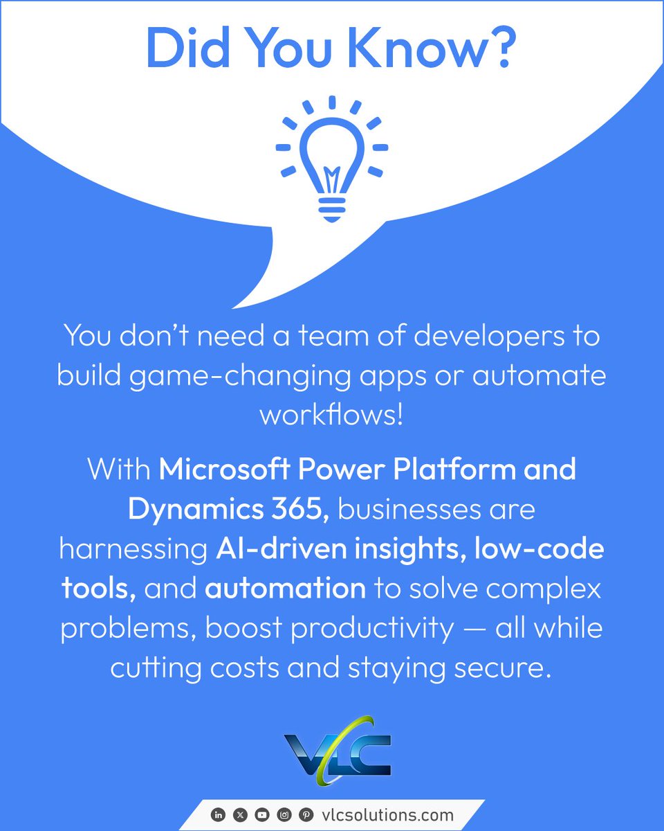vlcsolutions's tweet image. Unlock smarter technology with VLC! Microsoft Power Platform and Dynamics 365 drive innovation, automation, and growth through AI-driven insights and solutions.
vlcsolutions.com/products.html
#VLC #PowerPlatform #Dynamics365 #AI #Automation #DigitalTransformation #LowCode