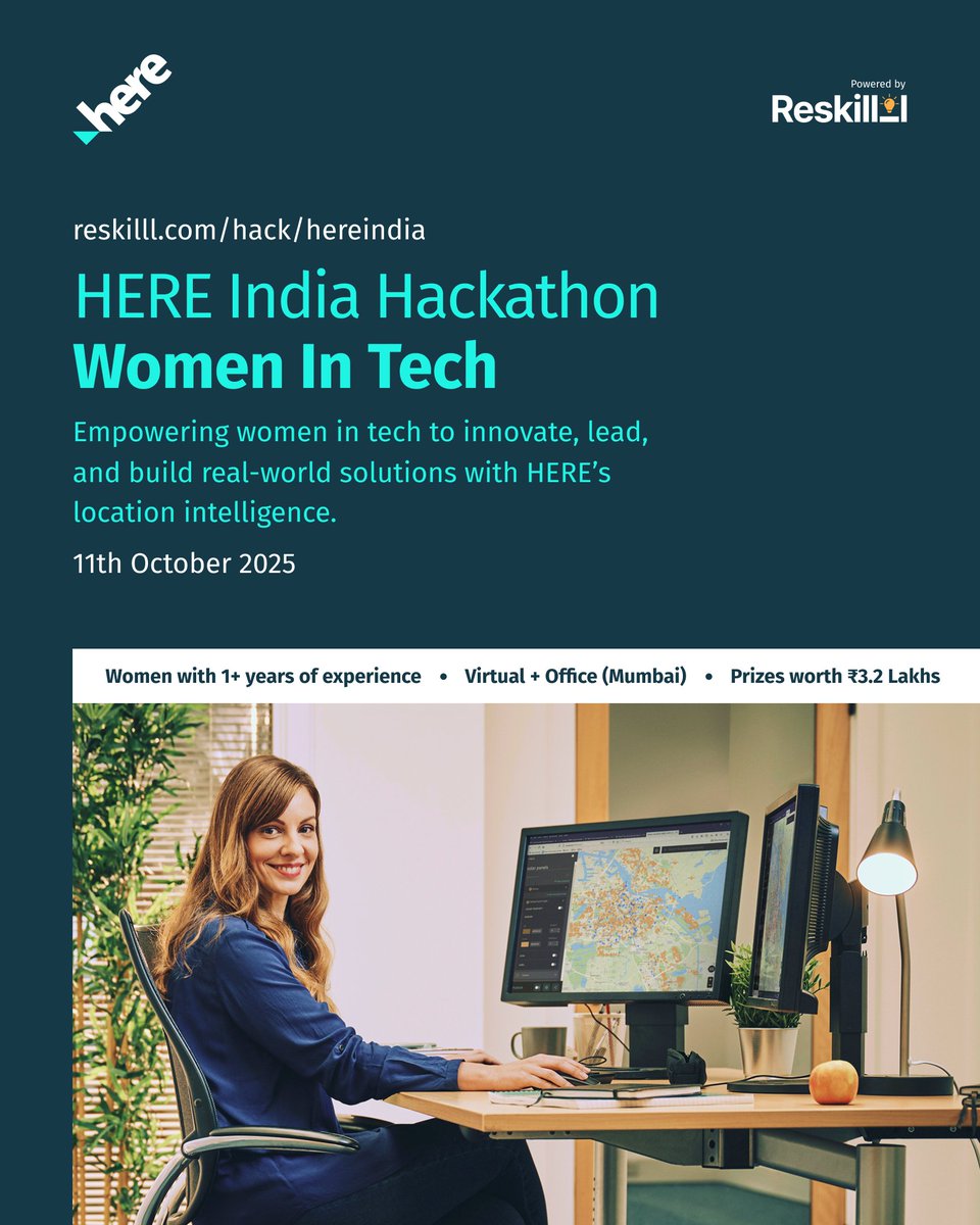🚀 The countdown is on!

💡 HERE India Hackathon: Women in Tech

👩‍💻 Empowering women technologists to lead, build &amp; inspire through the power of location intelligence.

🏆 Prize Pool: ₹3.2 Lakhs

📍 Finale in Mumbai – 11 Oct

⏳ Register by 30 Sept → reskilll.com/hack/hereindia