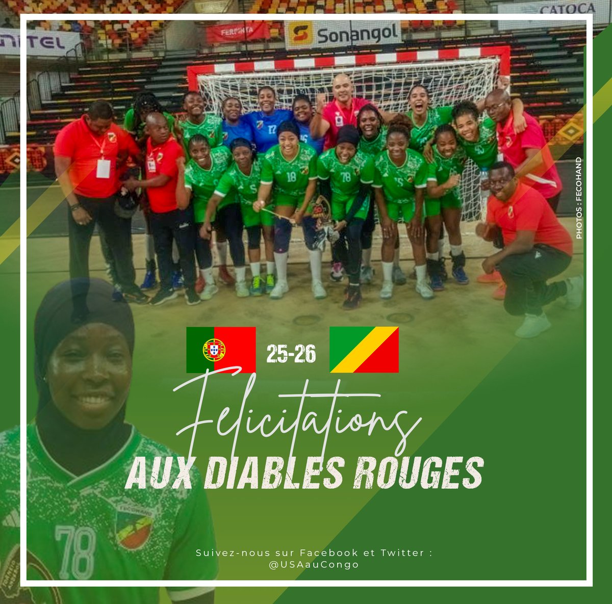 USAauCongo's tweet photo. Victoire importante du Congo hier face au Portugal (26–25) au tournoi international Angola 50 ans. Félicitations🎉 à l’équipe nationale de handball pour cette performance. Prochain match ce soir contre la Lituanie. #AllezLesDiablesRouges https://t.co/9CmioM83Tg