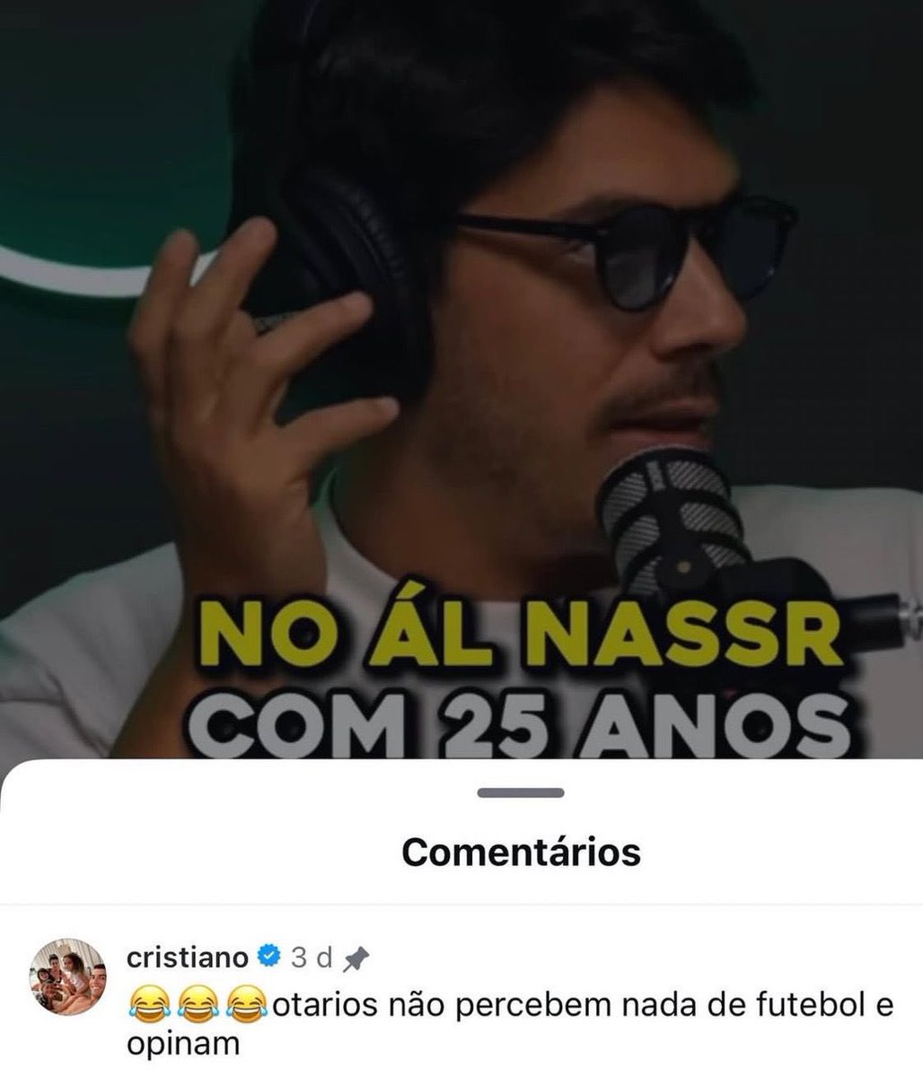 🚨🚨

ردّ الأسطورة كريستيانو على أحد برامج البودكاست التي تحدثت بشكل سلبي عن انتقال جواو فيلكس إلى النصر بعمر 25 عامًا:

"الأغبياء لا يفهمون شيئًا في كرة القدم ومع ذلك يبدون آراءهم 😂😂😂."