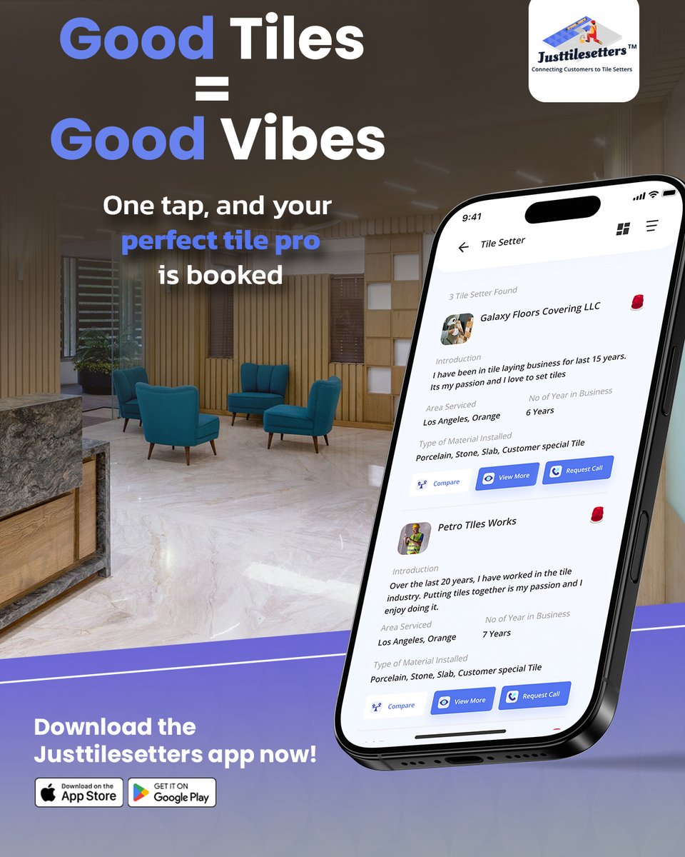 justtilesetters's tweet image. Good Tiles = Good Vibes ✨
Why stress when booking the right tile pro is just ONE tap away? 🪄
With Just Tile Setters, compare, connect &amp;amp; book your perfect professional instantly!

📲 Download the app today

justtilesetters.com

#JustTileSetters #TilePros  #TilePerfection