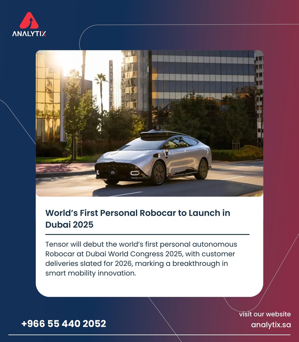 Analytix_Global's tweet image. #Dubai to host the world’s first personal #Robocar launch at the World Congress 2025, marking a breakthrough in smart mobility with customer rollouts from 2026.