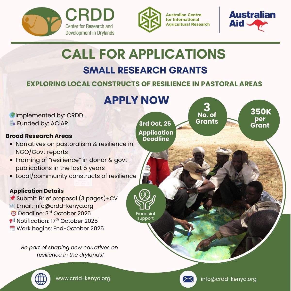 Center for Research and Development in Drylands (@crdd_kenya) on Twitter photo ๐จ Call for Applications! ๐จ
Are you exploring resilience in pastoral areas? ๐
Apply for CRDDโs Small Research Grants (3 available, 350k each).
๐
 Deadline: Oct 3, 2025.
Be part of shaping new narratives in the drylands!
crdd-kenya.org/careers/careerโฆ
#Research #Pastoralism ๐จ Call for Applications! ๐จ
Are you exploring resilience in pastoral areas? ๐
Apply for CRDDโs Small Research Grants (3 available, 350k each).
๐
 Deadline: Oct 3, 2025.
Be part of shaping new narratives in the drylands!
crdd-kenya.org/careers/careerโฆ
#Research #Pastoralism