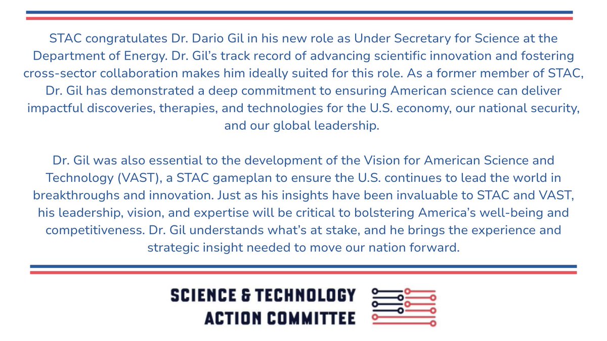 SciTechAction's tweet image. STAC congratulates @dariogila on his confirmation as Under Secretary for Science @ENERGY.