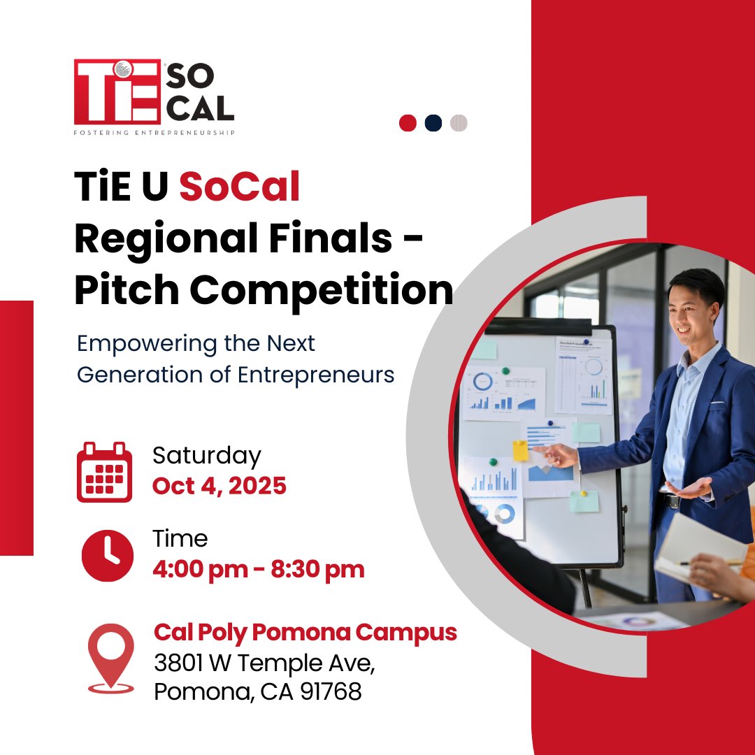 On October 4th, 2025, the TiE U SoCal Regional Finals – Pitch Competition will transform Cal Poly Pomona into a hub of innovation and entrepreneurial spirit.
- Sat, Oct 4, 2025
- 4:00 pm - 8:30 pm | Cal Poly Pomona Campus

events.tie.org/TiEU-SoCal-Cha…

#TiESoCal #PitchCompetition