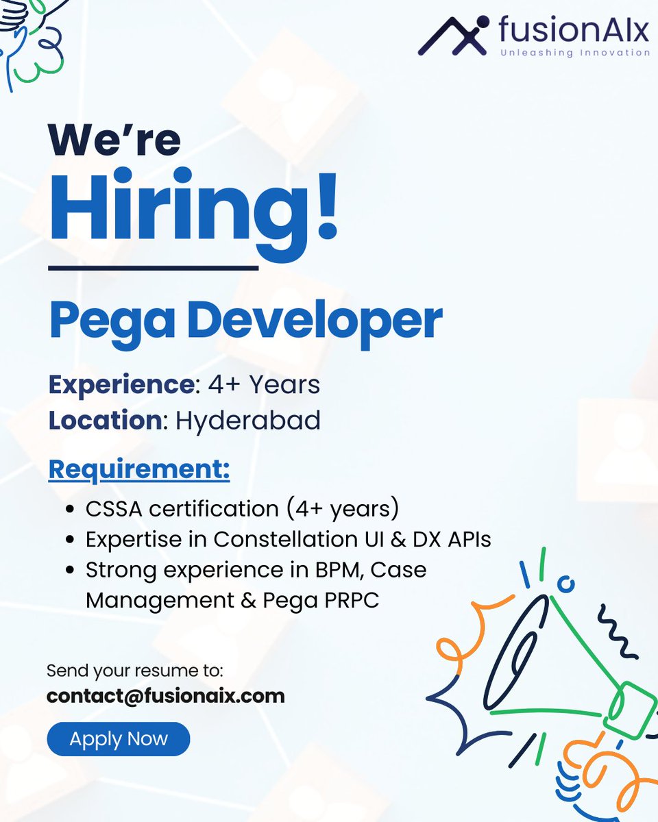 fusionaix's tweet image. @fusionaix  is hiring a #PegaDeveloper (CSSA Certified, 4+ yrs) 🚀
Expertise in Constellation UI, DX APIs, BPM, Case Mgmt &amp;amp; Pega PRPC 💡
📍 Hyderabad (In-Office)
📩 Send resumes: contact@fusionaix.com
#CSSACertified #PegaJobs #HiringNow