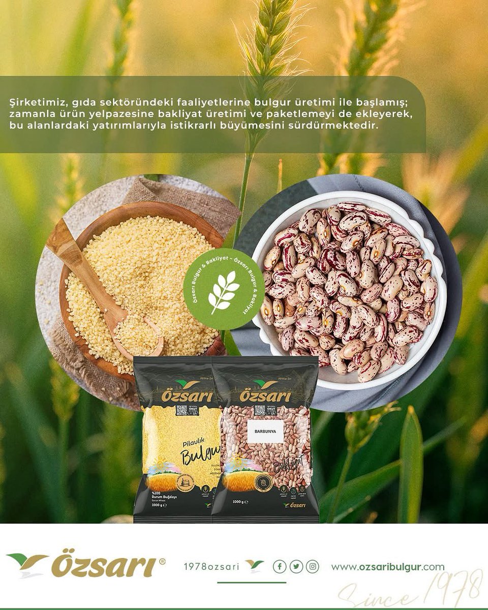 Hikâyemiz bulgurla başladı… Zamanla ürün ailemize bakliyat üretimi ve paketlemeyi de ekledik.  Bugün, bu yolculukta attığımız adımlar sayesinde istikrarlı büyümemizi sürdürüyor, sofralarınıza doğal ve güvenilir lezzetler ulaştırıyoruz.

#Özsarı #Bulgur #Bakliyat #SağlıklıBesin