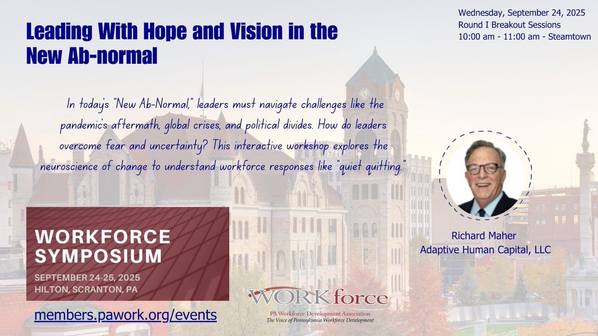rickmaher's tweet image. I'm excited to be presenting at PWDC's Leadership Symposium Wednesday, Sept. 24th  on "Leading with Hope and Vision in the “New Ab-normal". Join me for a roadmap for disruptive leadership in uncertain times! #WorkforceDevWorks #PWDA #PAWorkforceLeaders”