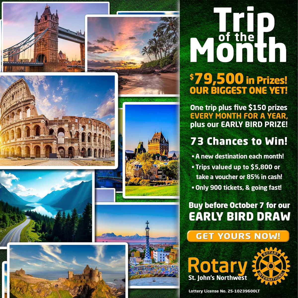 Happy Friday! ☀️ What's better than the weekend? A chance to win a trip every month for a year!
Rotary's Trip of the Month tix are selling FAST. Buy by Oct 7 to enter the Early Bird draw for a BONUS trip  Support &amp; win big! 🎟️ Get tickets: nwrotary.org