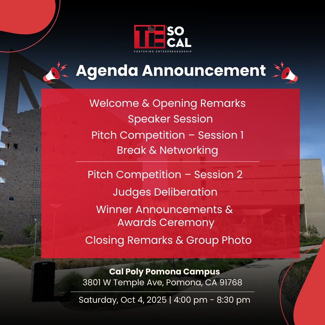 The TiE U SoCal Regional Finals – Pitch Competition is set for an unforgettable evening of innovation, collaboration, &amp; inspiration.

Sat, Oct 4, 2025 | 4:00 pm - 8:30 pm | Cal Poly Pomona Campus

Register here: events.tie.org/TiEU-SoCal-Cha…

#TiESoCal #PitchAgenda #InnovationInAction