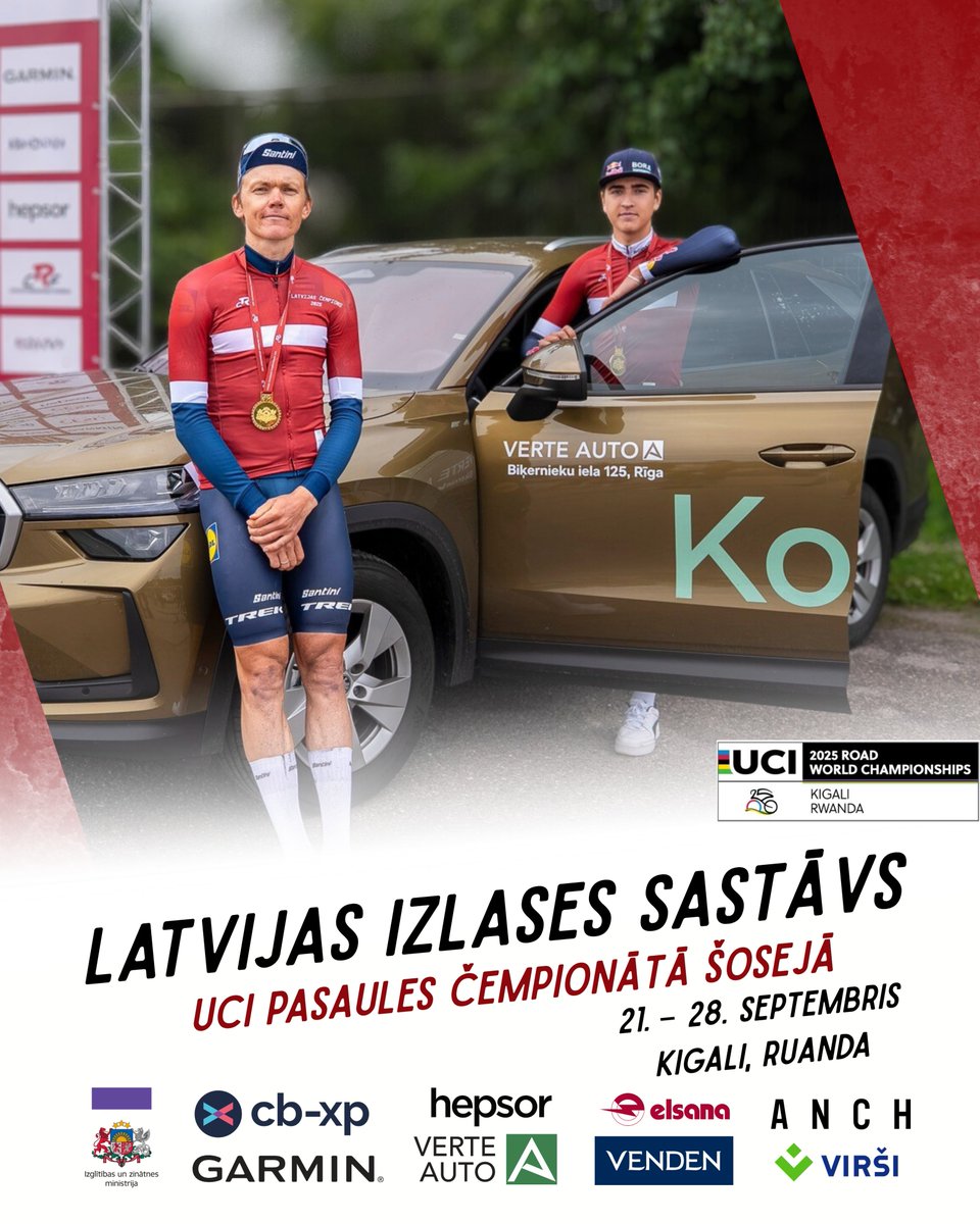 Svētdien Ruandā  sāksies 2025. gada UCI Šosejas riteņbraukšanas pasaules čempionāts. 

Latvijas startēs 6 sportistu sastāvā, to vidū <a href="/Tomashuuns/">Toms Skujiņš</a>, Krists Neilands, Georgs Tjumins

Lasi vairāk: lrf.lv/soseja/soseja-…

#Riteņbraucējuspēks #KomandaLatvija #Kigali2025