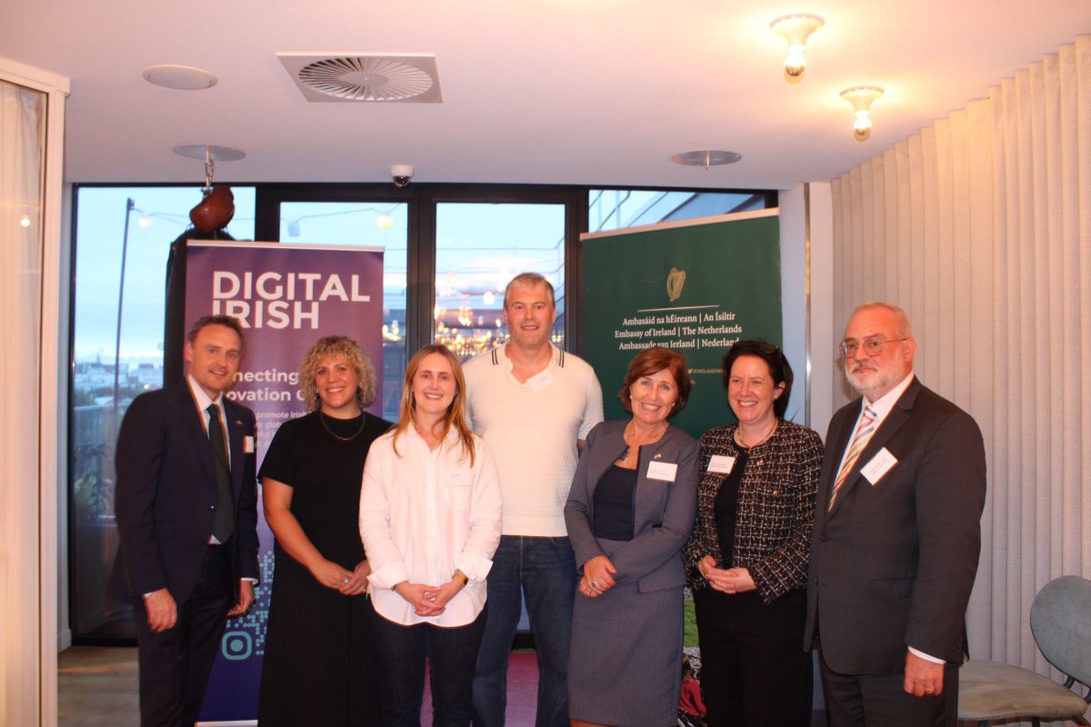 IrelandinNL's tweet photo. Great energy in the room at yesterday’s launch of @digitalirish Benelux chapter in #Amsterdam with Ambassadors Ann Derwin 🇮🇪🇳🇱, Kevin Conmy @IrishEmbBelgium 🇮🇪🇧🇪, and Jean McDonald @IrlinLuxembourg 🇮🇪🇱🇺, and colleagues Kieran Houlihan 🇮🇪🇳🇱 and Tonia Spollen Behrens. (1/2) https://t.co/L4J0bzZKa0