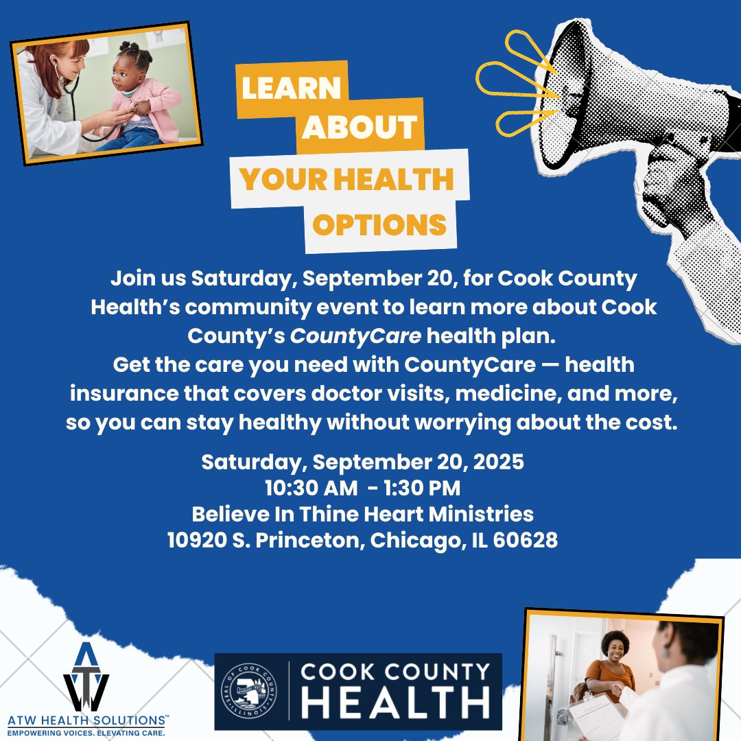 📣 Learn about your health options!
Join us Sat, Sept 20 (10:30 AM–1:30 PM) at Believe In Thine Heart Ministries (Chicago) to explore CountyCare — free health coverage for doctor visits, medicine &amp; more. 💙

#CountyCare #StayHealthy #ChicagoEvents