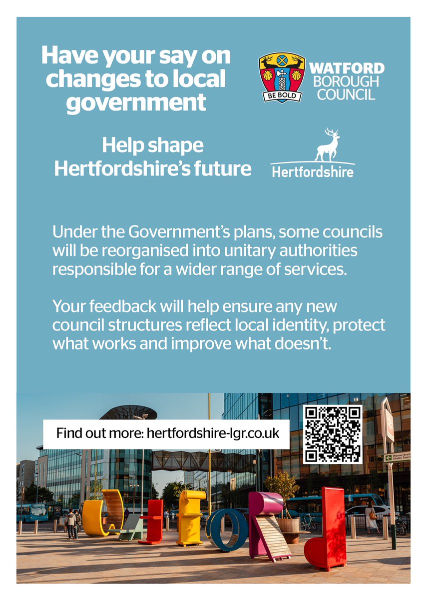 Have your say on the future of local government in Hertfordshire. Councils will be reorganised into new unitary authorities from 2028, but Hertfordshire will remain a county with an elected Mayor. Take the survey 👉 freeonlinesurveys.com/s/LNoAgAHR
#Hertfordshire #HertsFuture