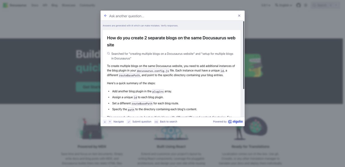 sebastienlorber's tweet photo. In Docusaurus 3.9, you'll be able to use Algolia DocSearch v4 with Ask AI

Already deployed on our prod website https://t.co/93nbCe0Lyd