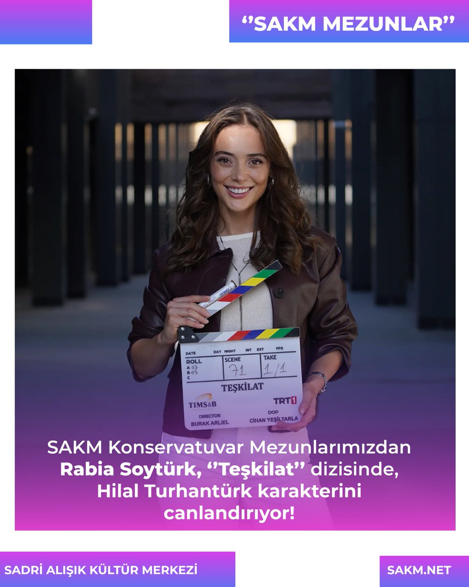 SADRİ ALIŞIK KÜLTÜR MERKEZİ (@sakm_online) on Twitter photo SAKM Konservatuvar Mezunlarımızdan Rabia Soytürk, ‘’Teşkilat’’ dizisinde, Hilal Turhantürk karakterini canlandırıyor!
Mezunumuzu tebrik ediyor, başarılarının devamını diliyoruz. <a href="/rsoyyturk/">Rabia Soytürk</a>
#sakm #sadrialışıkakademi #oyunculukeğitimi #oyunculukbasvurusu #rabiasoytürk #teşkilat SAKM Konservatuvar Mezunlarımızdan Rabia Soytürk, ‘’Teşkilat’’ dizisinde, Hilal Turhantürk karakterini canlandırıyor!
Mezunumuzu tebrik ediyor, başarılarının devamını diliyoruz. <a href="/rsoyyturk/">Rabia Soytürk</a>
#sakm #sadrialışıkakademi #oyunculukeğitimi #oyunculukbasvurusu #rabiasoytürk #teşkilat