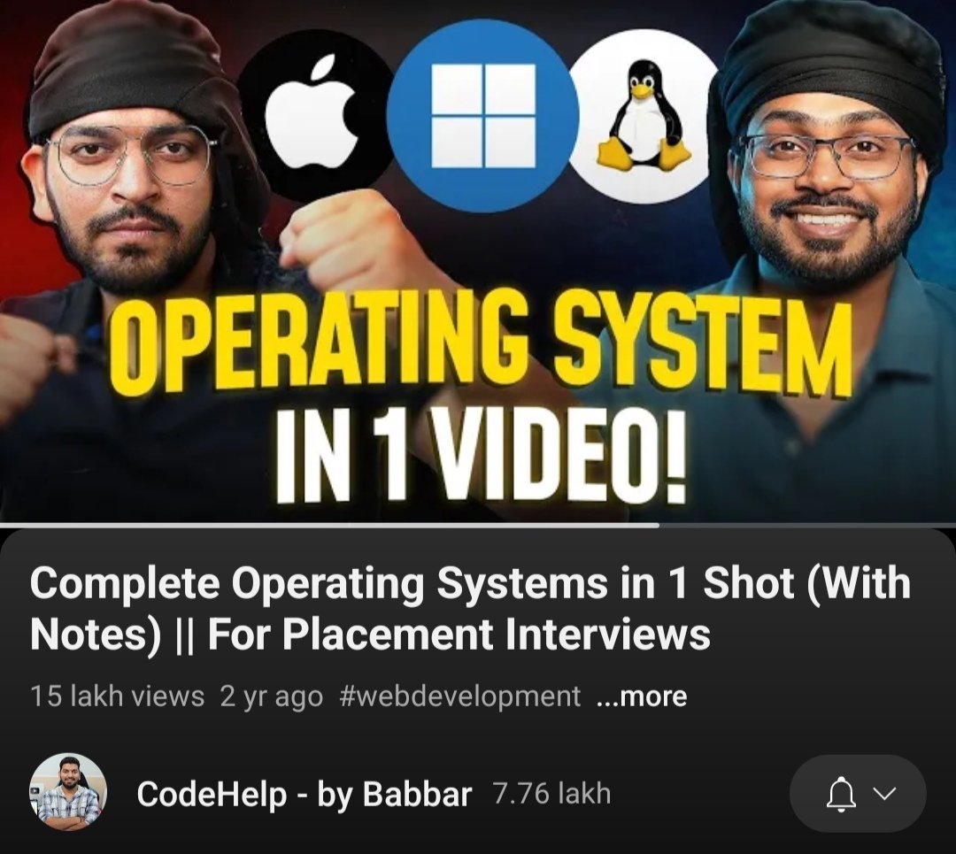 hasnaink40's tweet image. Just found the ultimate OS resource for interviews! 🚀 &quot;Complete Operating Systems in 1 Shot (With Notes)&quot; by CodeHelp - by Babbar. Yes, it&apos;s 15 HOURS, but it covers EVERYTHING you need. A game-changer for placement prep!

#OS #TechInterviews #CodeHelp #Babbar #InterviewPrep
