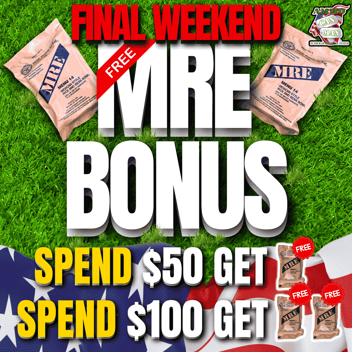 AmmoCanMan's tweet image. 🚨🍽️ Final Weekend! Claim Your $50–$100 MRE Bonus Before It’s Gone!

✅ Spend $50 → Get 1 FREE Random MRE Meal
✅ Spend $100 → Get 2 FREE Random MRE Meals

🛒 Shop now at: tinyurl.com/mr48upeb 

#MREbonus #FinalWeekend #EmergencyReady #CampingMeals