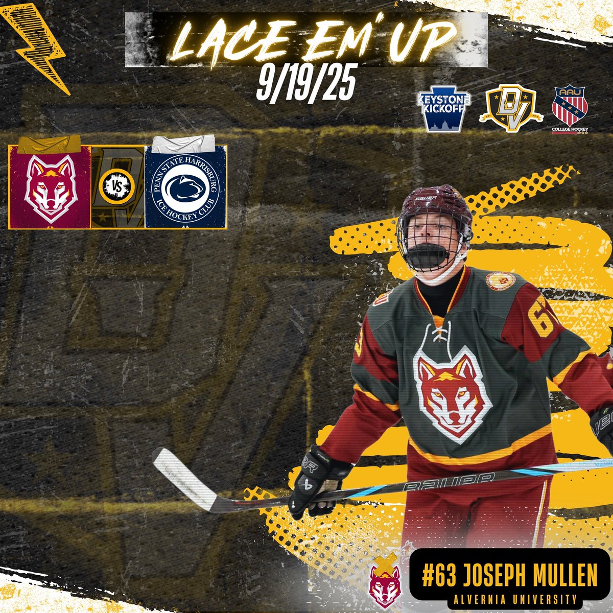 dvchc_media's tweet photo. Happy Friday, It’s Time To “Lace Em’ Up” As Alvernia Takes On Penn State Harrisburg In Game 1 Of Keystone Kickoff! Best Of Luck🏒🥅 #DVCHC #MensHockey #KeystoneKickoff https://t.co/9koVRDiQCN