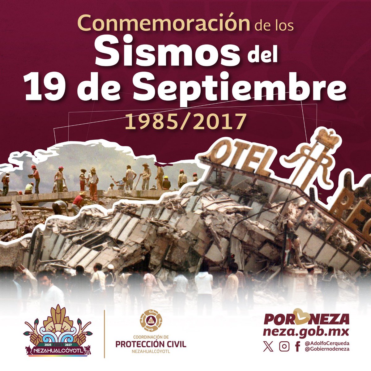 📅🤲 Hoy conmemoramos los sismos del 19 de septiembre de 1985 y 2017

Recordamos con respeto y solidaridad a las víctimas y a sus familias, así como la fortaleza del pueblo mexicano que, con unión y esperanza, siempre se ha levantado frente a la adversidad.

Este día también nos