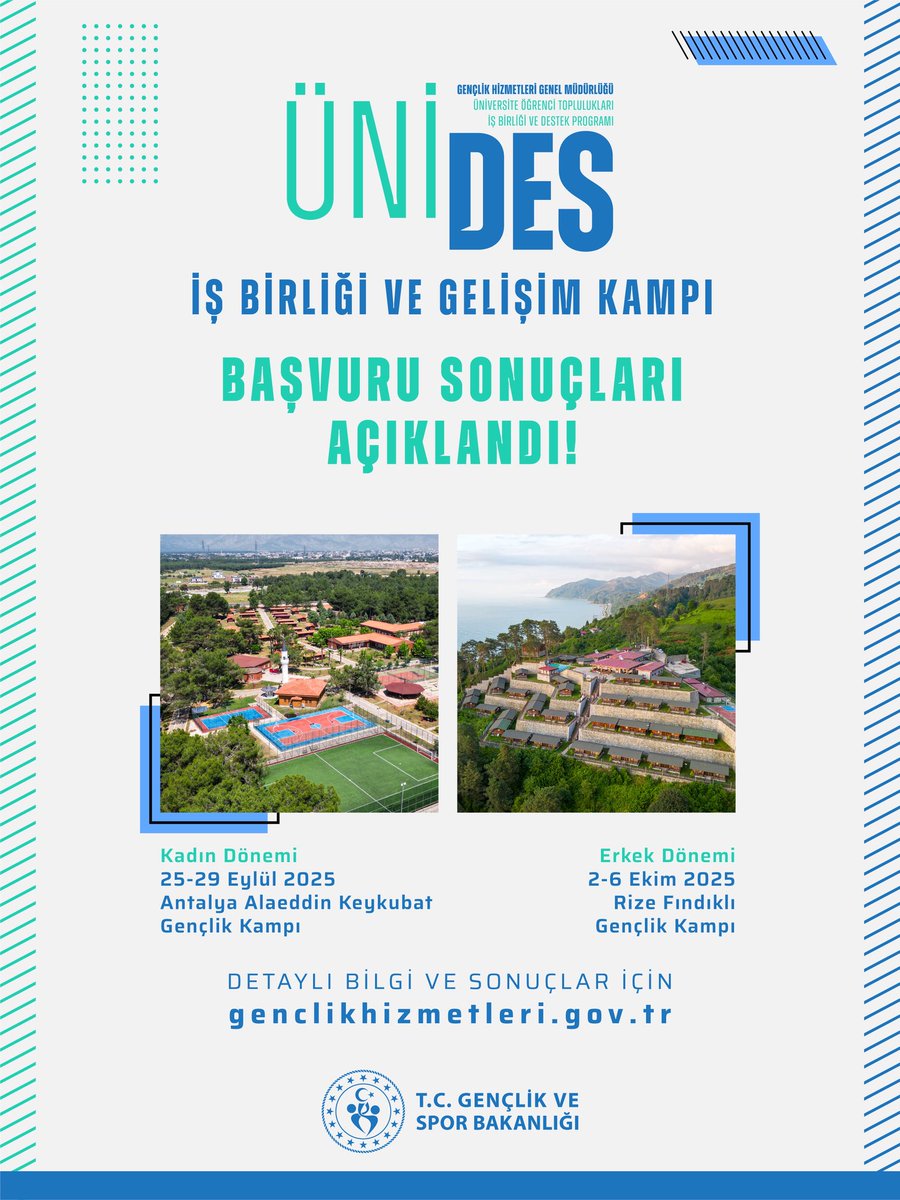 ÜNİDES İş Birliği ve Gelişim Kampı başvuru sonuçları açıklandı! 🎓

ÜNİDES programına başvuran gençler için düzenlenen İş Birliği ve Gelişim Kampı’nın başvuru sonuçları belli oldu. 

Detaylar👇🏻

🔗 genclikhizmetleri.gov.tr

#ÜNİDES #GSBGençlik