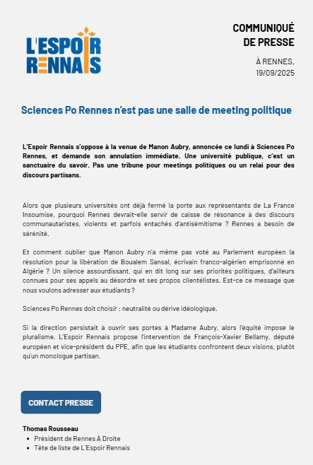 Manon Aubry à Sciences Po Rennes ? 

La vocation de l'université c'est la transmission du savoir, pas de l'idéologie mélenchoniste. 

Sciences Po Rennes n'est pas une salle de meeting politique et doit choisir : neutralité ou pluralité, nous refusons la dérive idéologique.