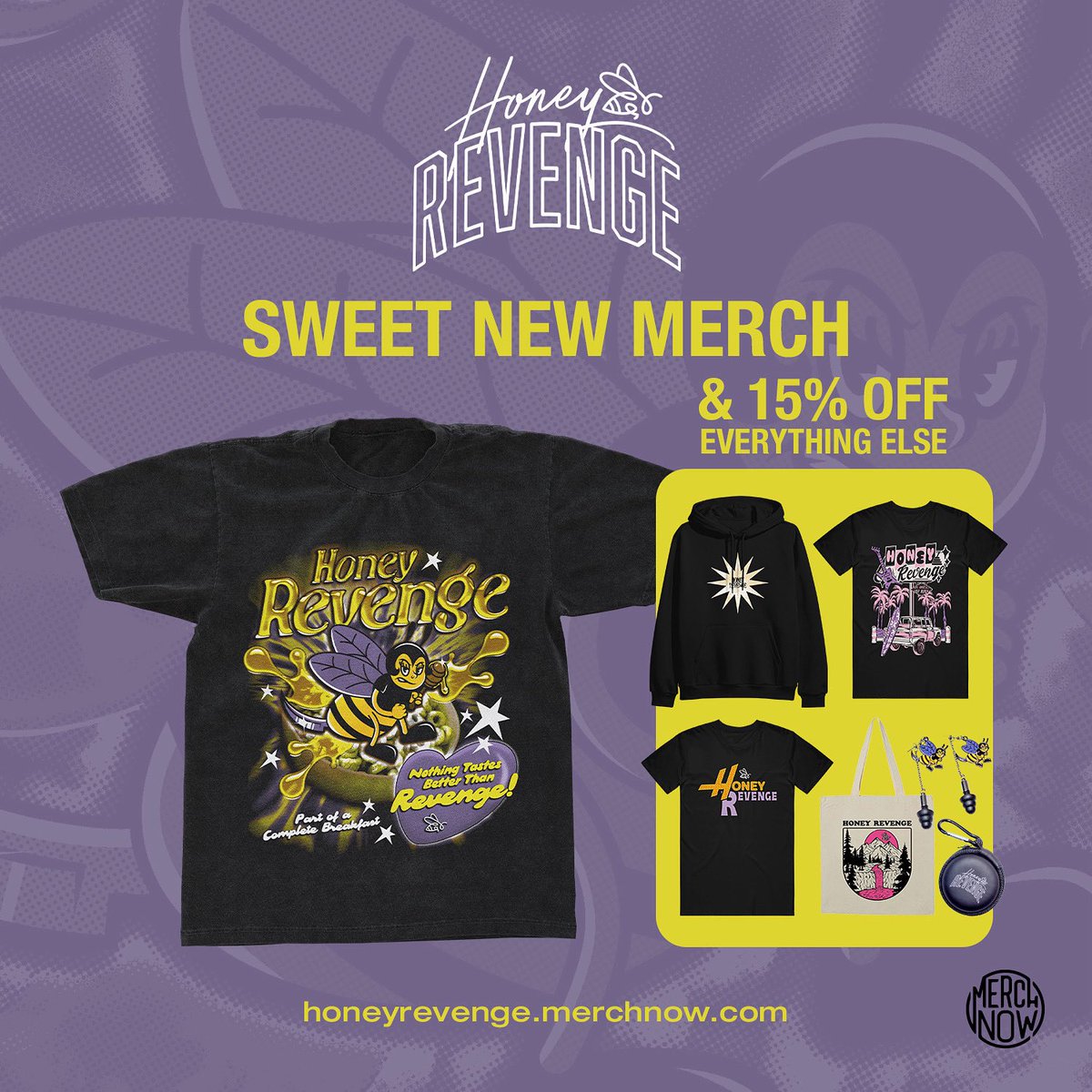 We’re clearing out our merch store and everything is 15% off! It’s your last chance to get the items on our website before we refresh for Fall + one special new shirt design that’s too sweet! 
Go to honeyrevenge.com/collections/al… now !