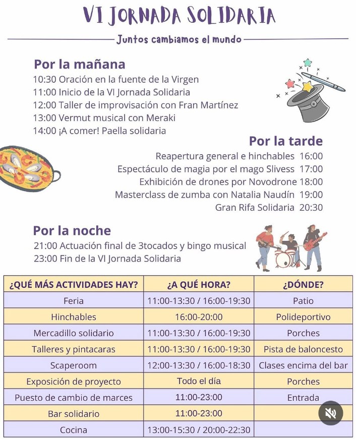 📢 VI Jornada Solidaria <a href="/ClubAmanecer/">Club Amanecer</a>
📅 20/09
⏰ 10:30
➡️ Hinchables, feria, drones, scaperoom, mercadillo solidario, talleres y pintacaras, bar solidario, magia, zumba... ¡Vaya planazo! 
✅ Acción solidaria con Asociación Gusantina - Proyecto Mimbres.
#somosmaristas